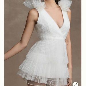 ML Monique Lhuillier Perrie Tiered Shoulder-Ruffle V-Neck Mini Dress